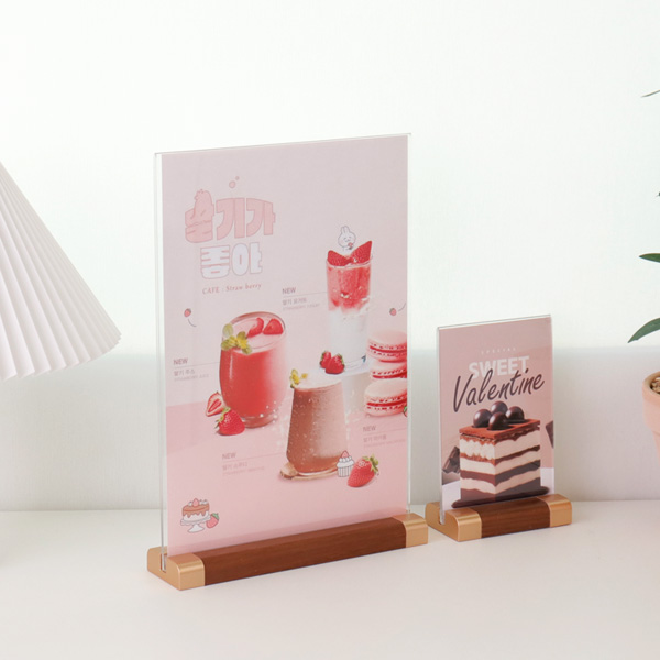 T자형 POP꽂이 안내판 월넛 테이블텐트 투명 스탠드메뉴판 상품가격표 A6 A5 A4