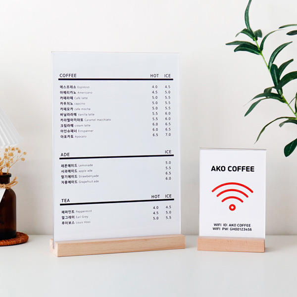 T자형 POP꽂이 안내판 우드 테이블텐트 투명 스탠드메뉴판 원목 가격표 종이꽂이 A6 A5 A4